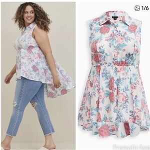 Torrid Floral Babydoll Poplin Button-Front tunic top White Pink & Teal 3/22-24